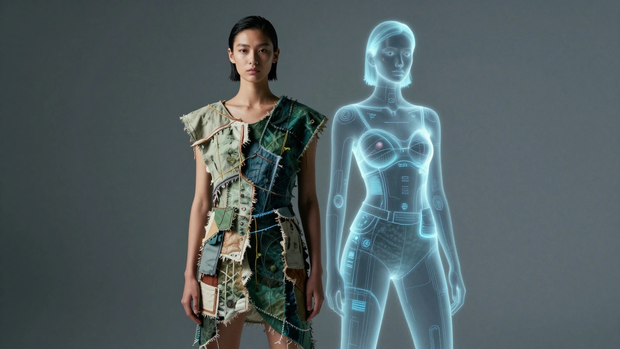 Fashion model standing beside a digital avatar twin wearing sustainable clothing.