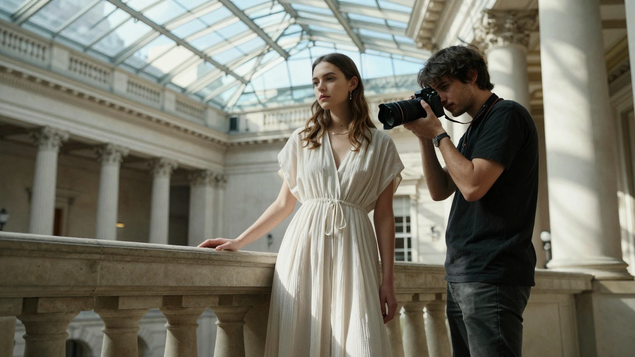 Model and photographer working together under a glass ceiling with natural daylight streaming in.