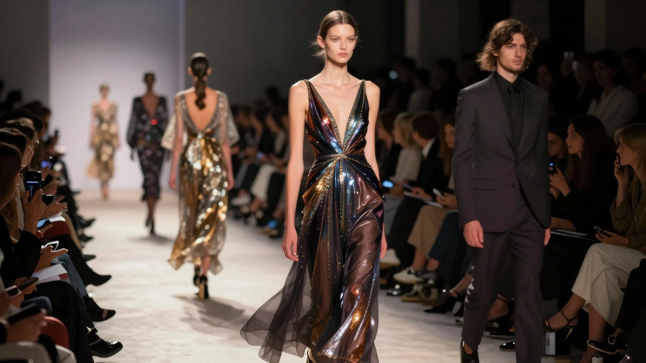 Model walking the runway at London Fashion Week under dramatic lights, audience blurred in background.