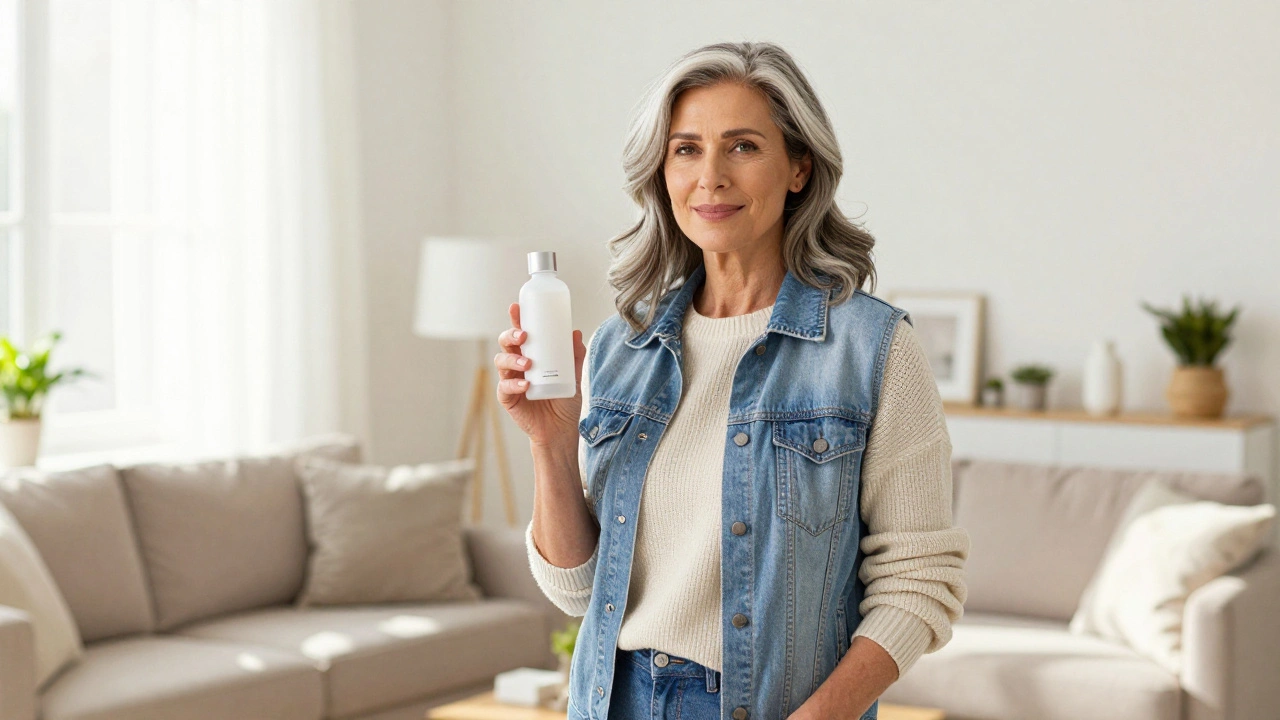Older woman modeling wellness clothing in bright room.