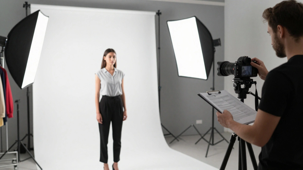 Professional photo studio session, model, agent, and equipment visible.