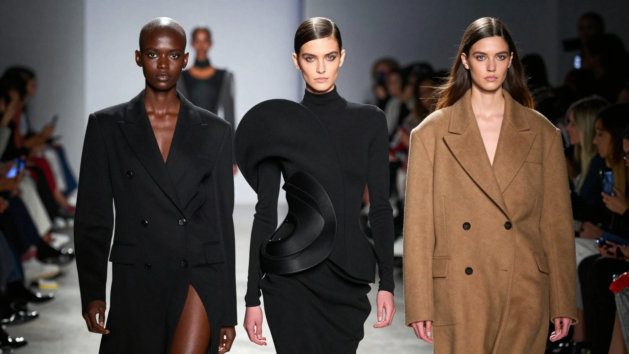 Three diverse British models walk powerfully down a runway under harsh lights, expressing bold individuality in high fashion silhouettes.