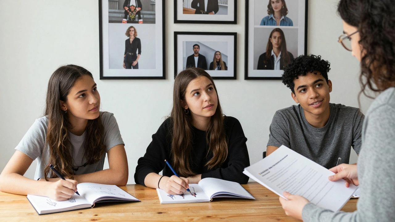 Three teens collaborating with a mentor, using safe creative platforms in a well-lit room.
