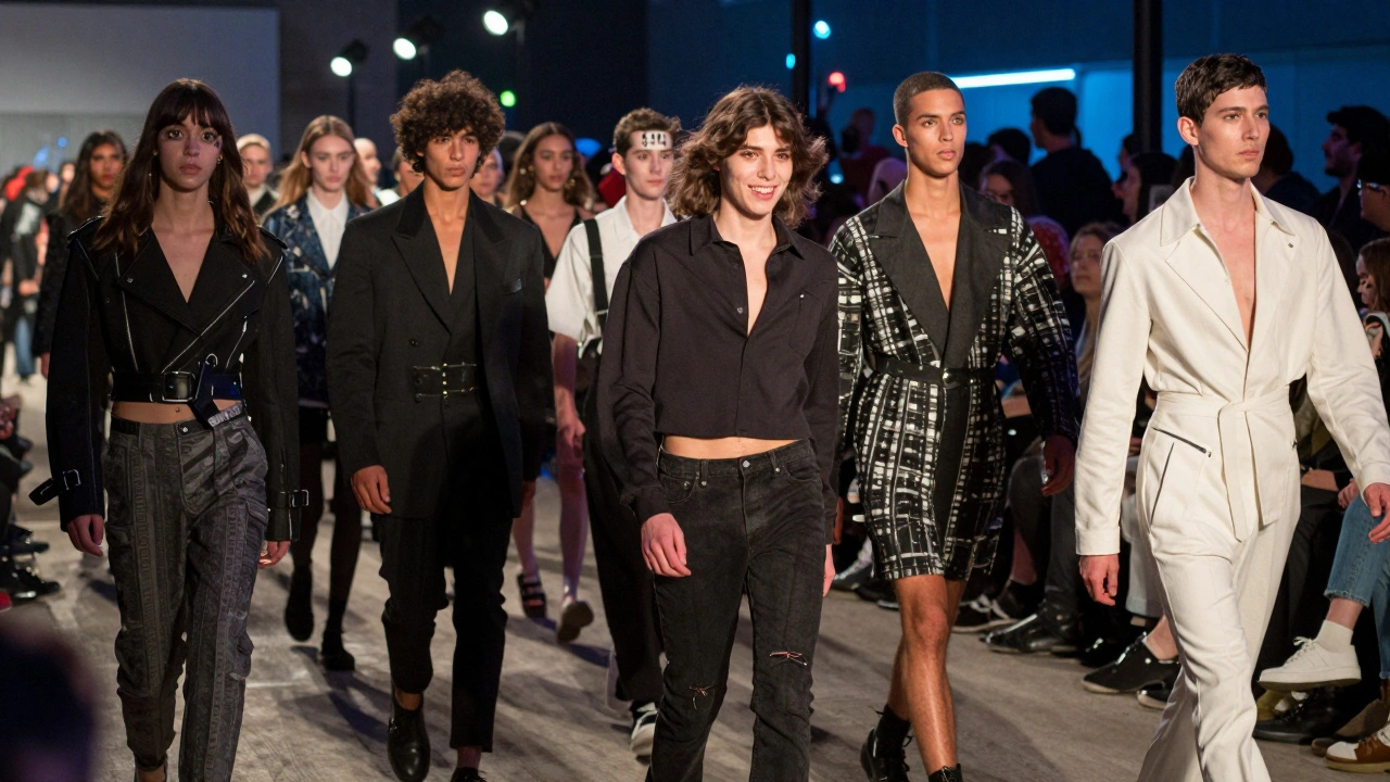 UK models strutting down a London Fashion Week runway with rebellious, unpolished energy and expressive poses.