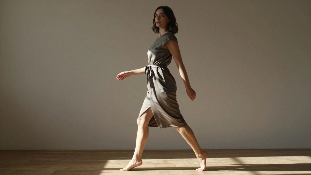 Woman in a belted dress, twisted torso, one leg crossed, looking over shoulder, sunlight highlighting contours.