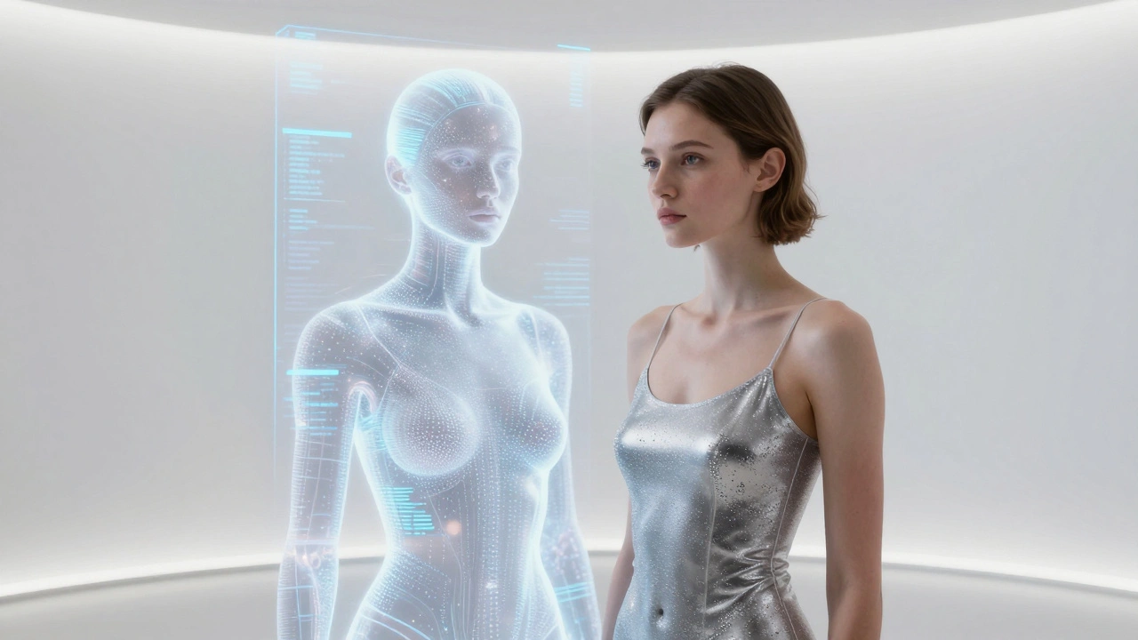 Woman standing next to glowing digital hologram version of herself