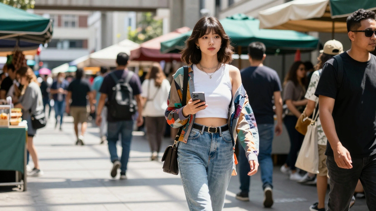 Young model walking in city wearing stylish clothes